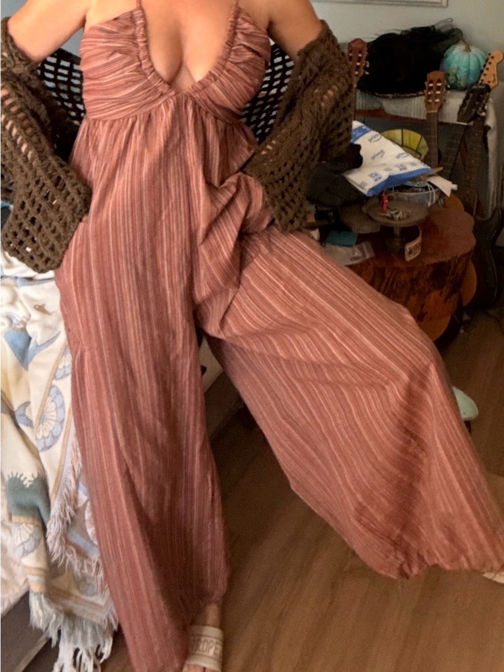 Wide-Leg Striped Jumpsuit, pockets & adjustable straps M-L super cute